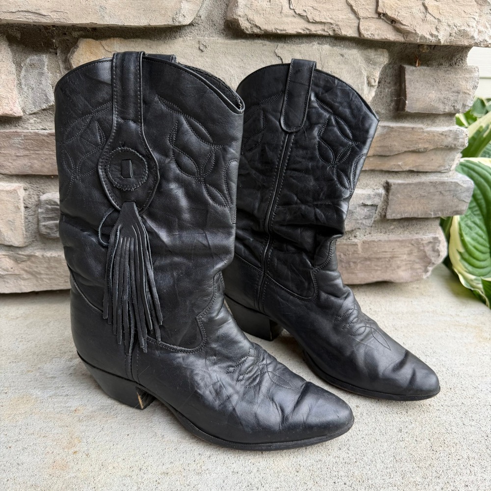 Laredo VTG Black Leather Cowboy Boots Tassel Western Stitch Pointed Toe USA 6M